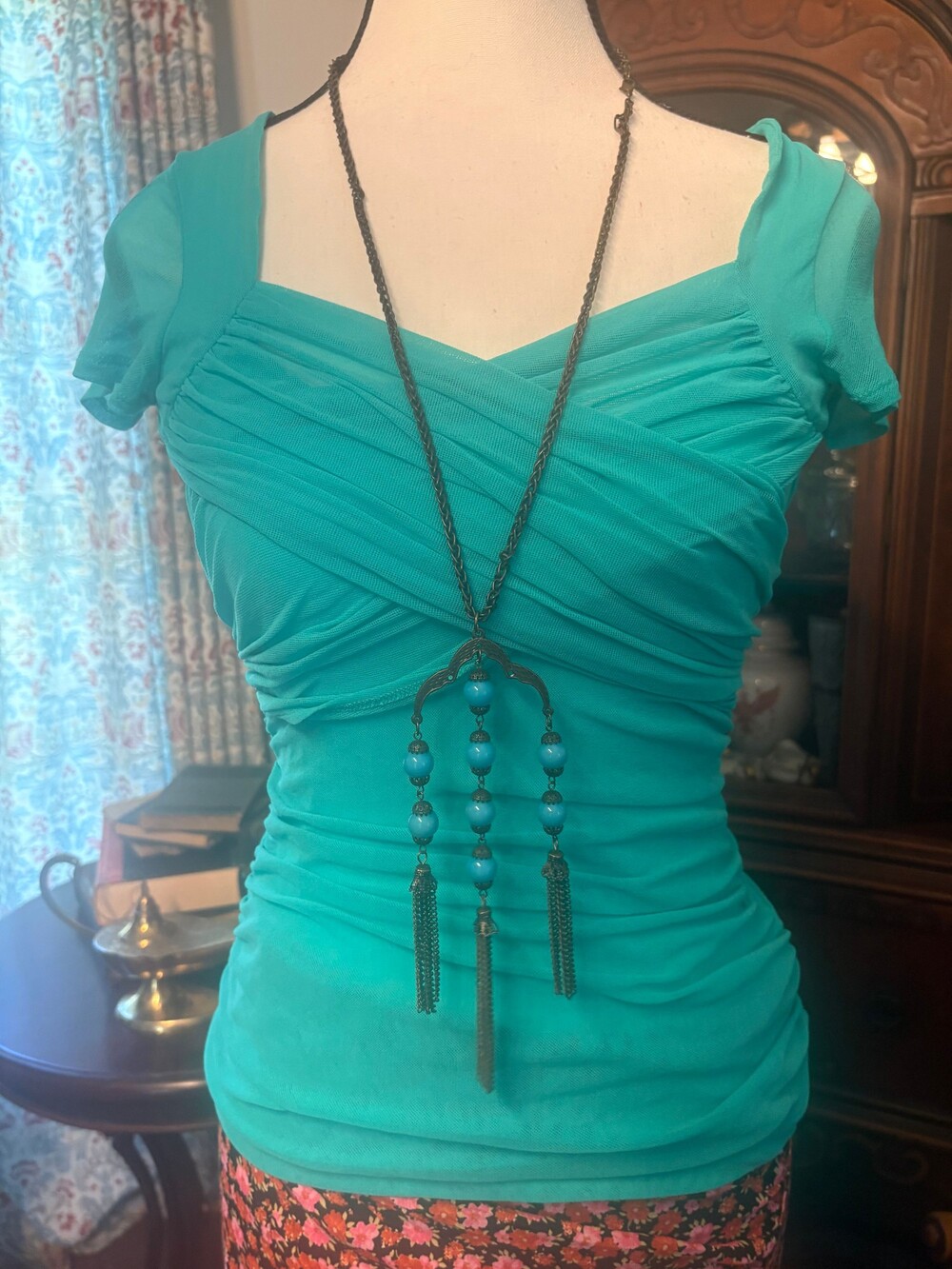 Turquoise Short Sleeve Top Ruched Front Lightweight Fabric